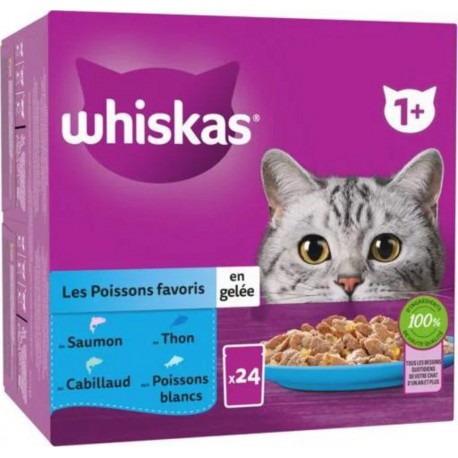 WHISKAS Patée pour chat adulte Les Poissons favoris en gelée 24x85g