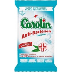 Carolin Anti-Bactérien Sans Javel x15 Lingettes Ultra-Imprégnées à l’Huile Essentielle d’Eucalyptus (lot de 4 soit 60 lingettes)