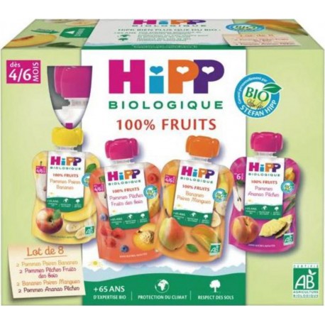 Compote bébé dès 4/6 mois Gourdes Multipack 4 variétés Bio HIPP BIOLOGIQUE x8 90g