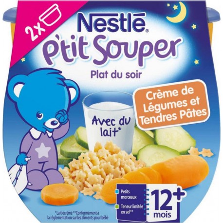 Nestlé P’tit Souper Plat du Soir Crème de Légumes et Tendres Pâtes (+12 mois) par 2 pots de 200g (lot de 6 soit 12 pots)