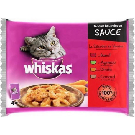 Whiskas Repas pour chats Tendres bouchées en sauce 4 Variétés 4 x 100g