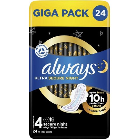 ALWAYS Serviettes hygiéniques ailettes taille 4 -Secure Night x24 paquet 24