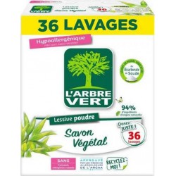 L'ARBRE VERT Lessive Poudre Hypoallergénique Au Bicarbonate & Au Savon Végétal 36 lavages 2,5Kg