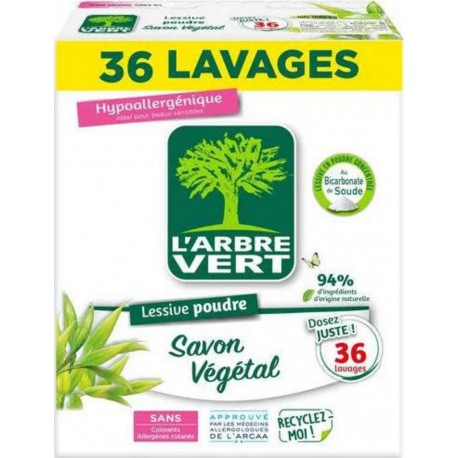 L'ARBRE VERT Lessive Poudre Hypoallergénique Au Bicarbonate & Au Savon Végétal 36 lavages 2,5Kg