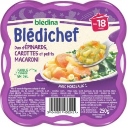 Blédina Blédichef Duo d’Épinards Carottes et Petits Macaroni (dès 18 mois) l’assiette de 250g (lot de 8)