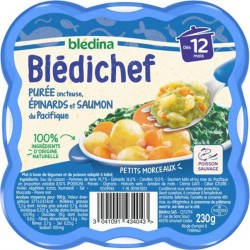 Blédina Blédichef Purée Onctueuse Épinards et Saumon du Pacifique (dès 12 mois) l’assiette de 230g (lot de 8)