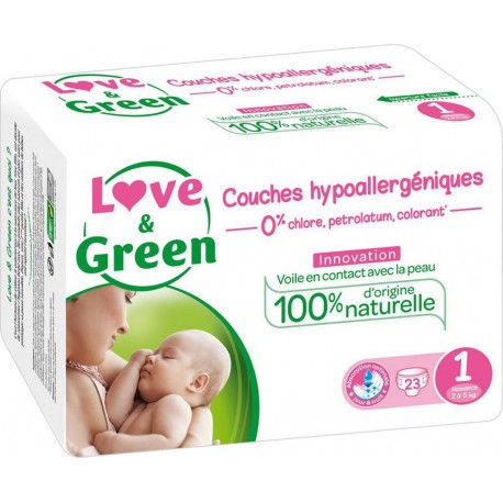 Love & Green Couches Hypoallergéniques Innovation Naissance Taille 1 (2-5Kg) x23 (lot de 2 soit 46 couches)