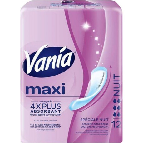 Vania Maxi Serviettes Hygiéniques Nuit x12 (lot de 8 paquets soit 96 serviettes)