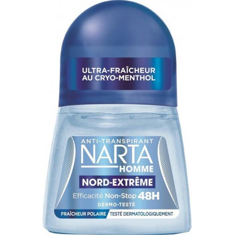 Narta Homme Roll-on Anti-Transpirant Efficacité Non-Stop 48h Fraîcheur Polaire 50ml (lot de 4)