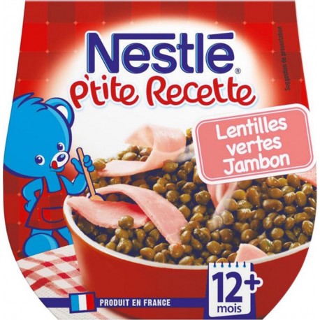 Nestlé P’tite Recette Lentilles Vertes Jambon (+12 mois) par 2 pots de 200g (lot de 6 soit 12 pots)