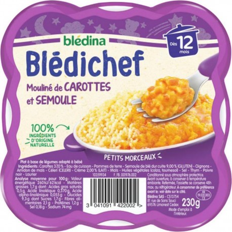 Blédina Blédichef Mouliné de Carottes et Semoule (dès 12 mois) l’assiette de 230g (lot de 8)