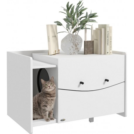 Maison De Toilette Pour Chat Compartiment Coulissant, Aérations Blanc