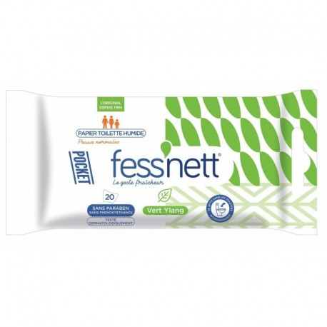 Fess’nett Pocket Papier Toilette Humide Peaux Normales 20 Lingettes Vert Ylang (lot de 6)