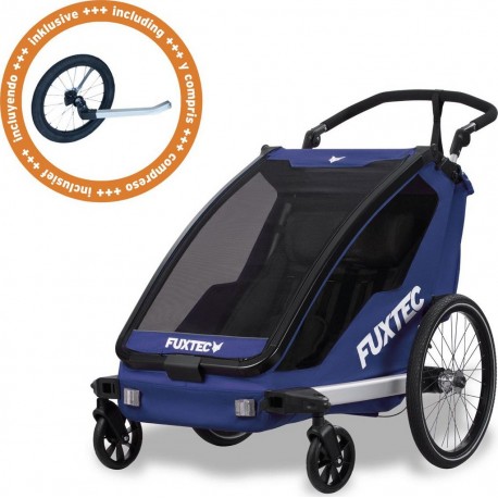 NC Remorque À Vélo Sport Cruiser Fuxtec 2-en-1 Et Buggy Pliable Bleu Pour 2 Enfants Aluminium Avec Protection