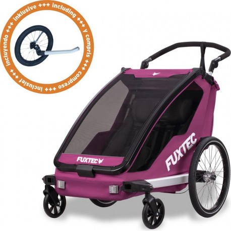 NC Remorque À Vélo Sport Cruiser Fuxtec 2-en-1 Et Buggy Pliable Pourpre Pour 2 Enfants Aluminium Avec Protection