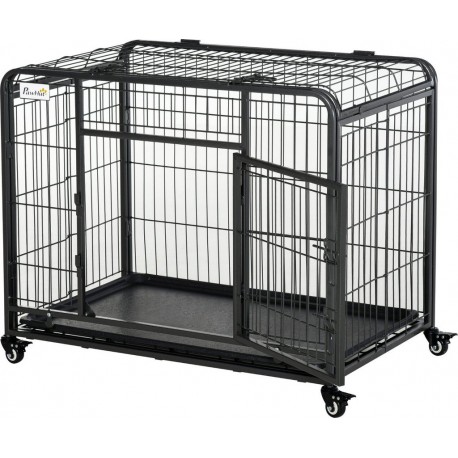 NC Cage Chiens Pliable Sur Roulettes 2 Portes Verrouillables Métal Gris Noir