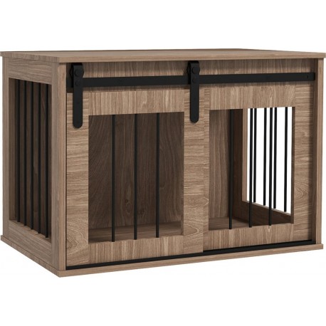 NC Cage Chien Style Industriel Avec Porte Acier Noir Aspect Bois