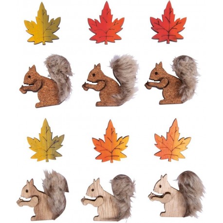 NC 12 Écureuils Et Feuilles Adhésifs En Bois 4 Types 3 Cm