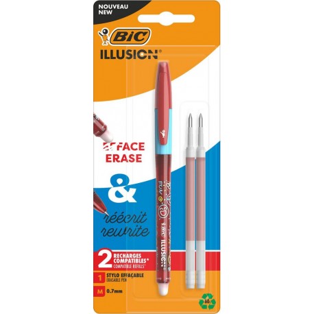 BIC Stylo bille effaçable Illusion Rouge avec 2 recharges le stylo et 2 recharges