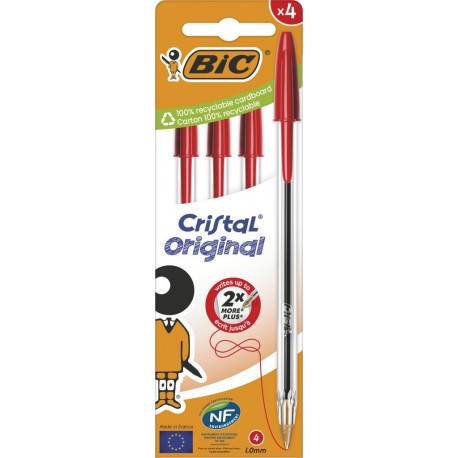 BIC Stylo bille Cristal 1,0mm Rouge lot de 4 stylos