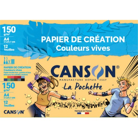 CANSON Papier dessin création couleurs A4 150gr/m² 12 feuilles la pochette de 12 feuilles