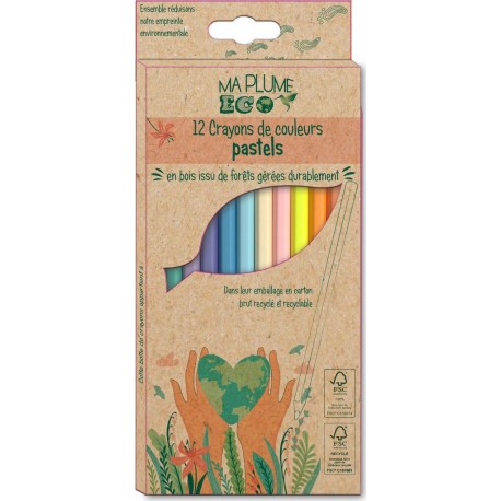 MA PLUME ECO Crayon de couleur en bois Pastel Pointe moyenne lot de 12 crayons de couleur