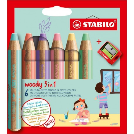 STABILO Crayon de couleur Woody 3 en 1 Pastel avec taille crayon lot de 6 crayons de couleur