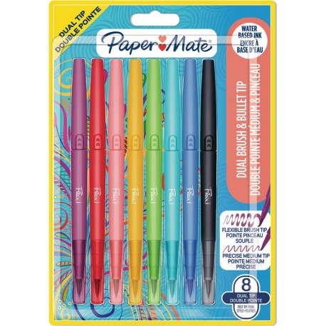 PAPERMATE Stylo double pointe feutre et pinceau lot de 8 stylos