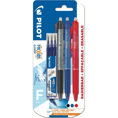 PILOT Stylo roller effaçable fins Clicker assortis X3 + 3 recharges bleues lot de 3 rollers et 3 recharges