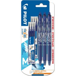 PILOT Stylo roller effaçable Clicker bleu X3 + 6 recharges bleues lot de 3 rollers et 6 recharges