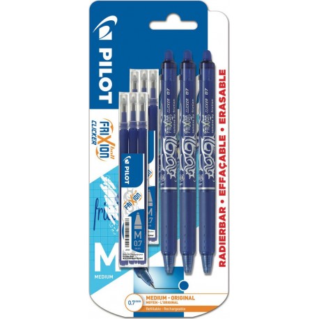 PILOT Stylo roller effaçable Clicker bleu X3 + 6 recharges bleues lot de 3 rollers et 6 recharges