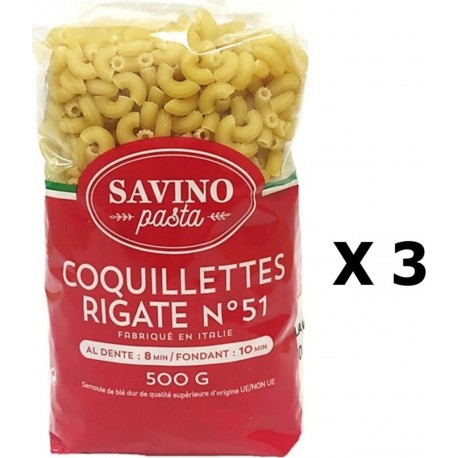 NC Lot 3x Pâtes Coquillettes Rigate N°51 Savino Pasta Paquet 500g les 3 unités de 0.5Kg