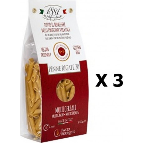 NC Lot 3x Pâtes Penne Rigate 30 Multicéréales Sans Gluten 1881 Pasta Berruto Paquet 250g les 3 unités de 0.25Kg