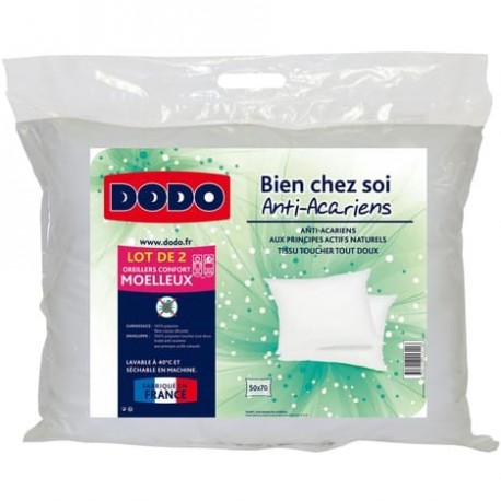 DODO Lot de 2 oreillers moelleux en microfibre anti-acariens BIEN CHEZ SOI 50x70cm