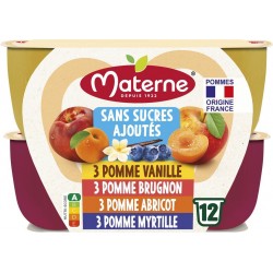 MATERNE Compotes pomme vanille, brugnon, abricot, myrtille sans sucres ajoutés les 12 coupelles de 100g