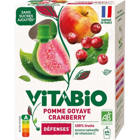 VITABIO Compote Pomme, Goyave et Cranberry Défenses Bio les 4 gourdes de 100g