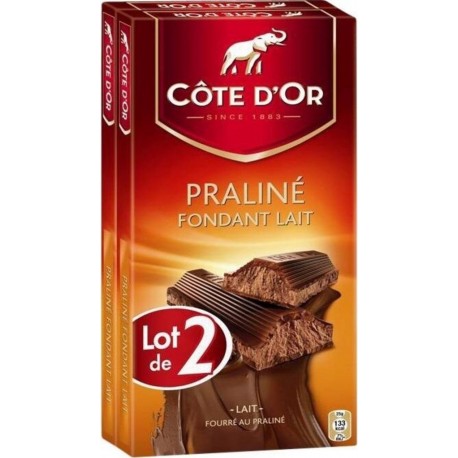 COTE OR Tablette de chocolat praliné fondant lait COTE D'OR les 2 tablettes de 200g