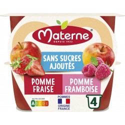 MATERNE Compotes Duo pomme fraise, pomme framboise sans sucres ajoutés les 4 coupelles de 100g