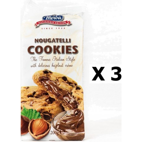 NC Lot 3x Cookies Pépite Chocolat Fourrage Noisette Merba Nougatelli Paquet 200g les 3 unités de 0.2Kg