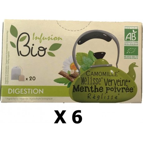 NC Lot 6x Infusion Bio Camomille, Mélisse, Verveine, Menthe Poivrée, Réglisse Digestion 20 Sachets les 6 unités de 0.03Kg