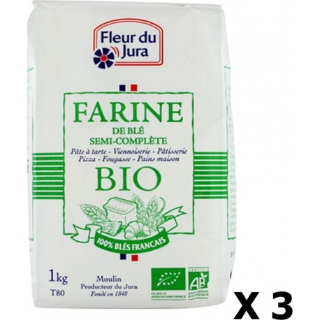 NC Lot 3x Farine T80 Semi-complète Bio 100% Blés Français Fleur Du Jura Paquet 1Kg les 3 unités de 1.0Kg