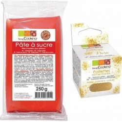 NC Pâte À Sucre Rouge 250 G + Paillettes Dorées