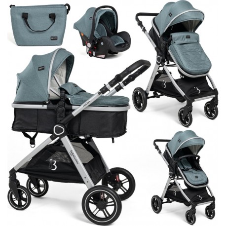 Bebelissimo Poussette Combinée Trio 3 En 1 Siège Auto 0m – Nacelle – Dès La Naissance – Jusqu’à 22Kg – Nicea Vert