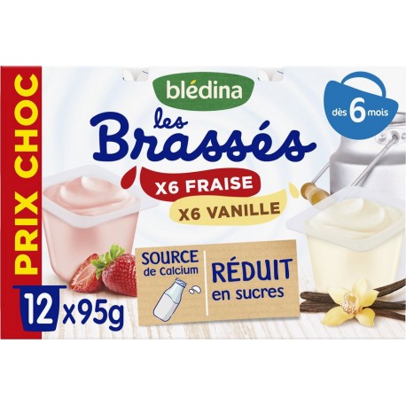 BLEDINA Dessert bébé dés 6 mois les brassés fraise vanille les 12 pots de 95g