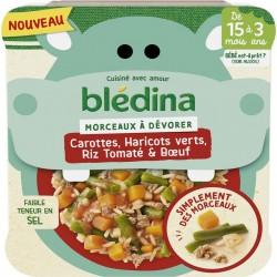 BLEDINA Plat bébé dès 15 mois morcraux de carottes haricots verts riz tomaté et bœuf 200g