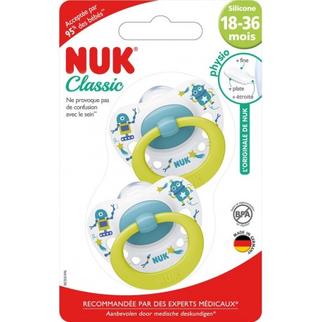 NUK Sucettes bleu silicone 18-36 mois Classic lot de 2 sucettes