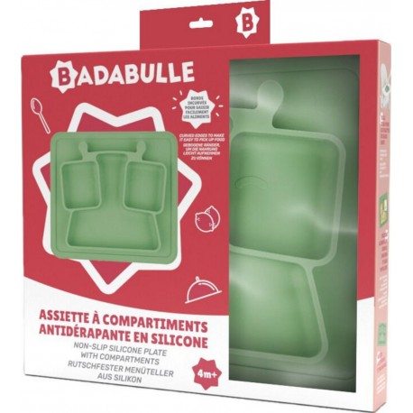 BADABULLE Assiette à compartiments vert antidérapante silicone dès 4 mois l'assiette antidérapante