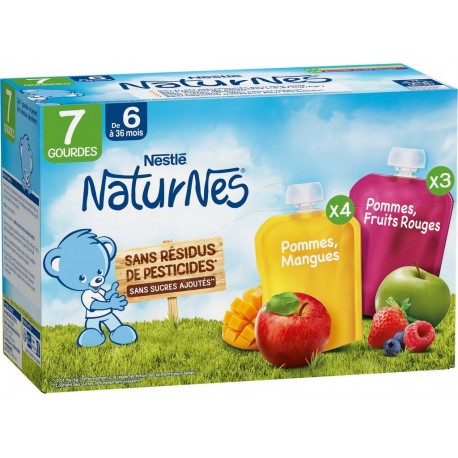 NESTLE Compotes bébé dès 6 mois pommes mangues et pommes fruits rouges Naturnes les 7 gourdes de 90g