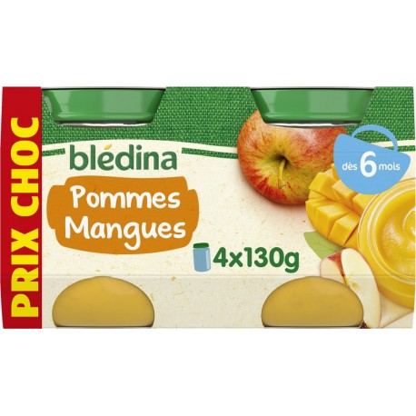 BLEDINA Purée de fruit bébé dés 6 mois pommes mangues les 4 pots de 130g