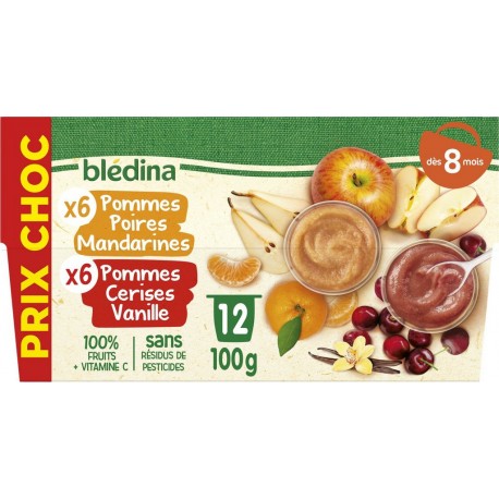 BLEDINA Purée de fruits bébé dés 8 mois assortiment les 12 pots de 100g